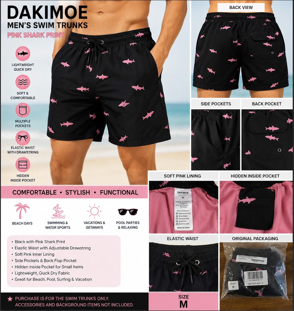 Dakimoe Men's Shark Print Swim Trunks Pink Black Lined Drawstring Size M NWOT